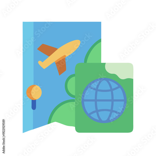 Flat vector illustration of travel documents including passport and map with airplane