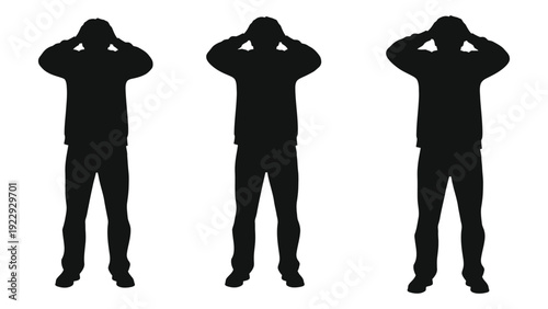 Three silhouetted figures covering their eyes seemingly reacting to something unseen