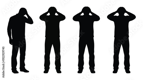 Four silhouetted figures in progressively covering their eyes creating a visual sequence