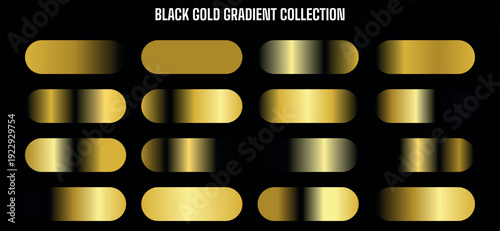 Vector black and gold gradient swatches collection, metallic shiny golden color palette for UI, web, app, branding, luxury design elements