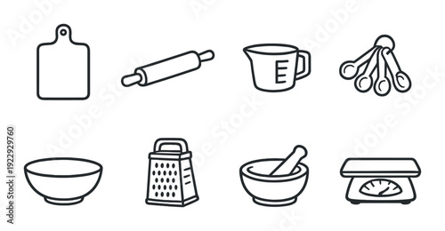 Kitchen prep utensils displayed in grid on dark background