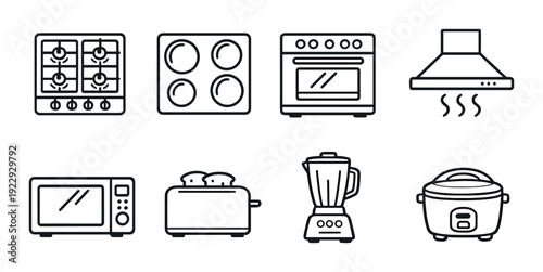 Kitchen appliances arranged in grid on dark gradient background