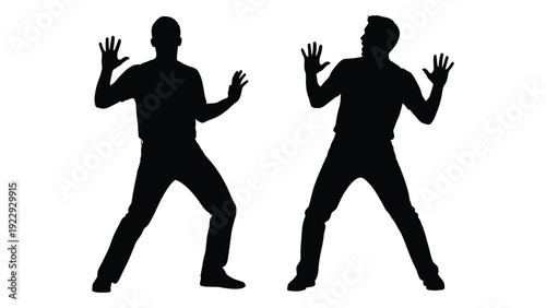 Two silhouetted figures with arms raised seemingly in a playful or defensive pose