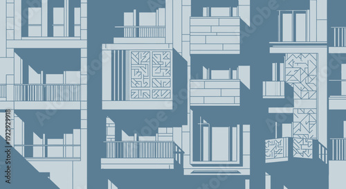 Modern Apartment Building Facade with Balconies and Windows.