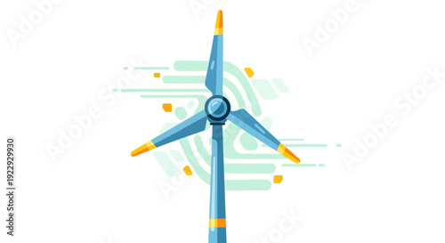 Wind turbine illustration with blue and orange accents.