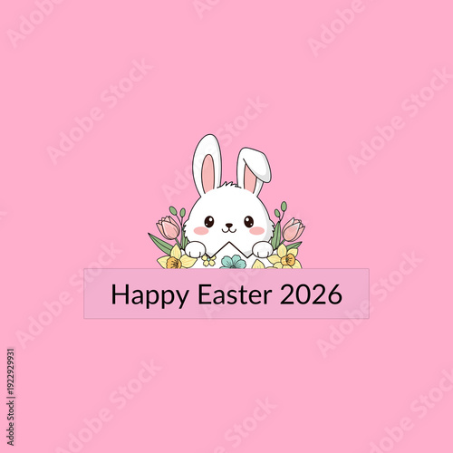 Happy Easter 2026 social media post with cute bunny and spring flowers pastel background