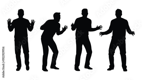 Four silhouetted figures of men in dynamic poses representing movement or dance