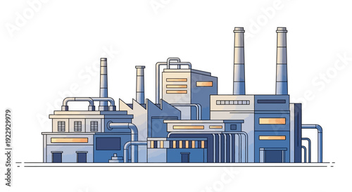 Industrial factory complex with multiple buildings and smokestacks.