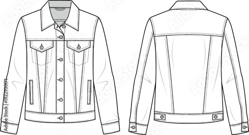 Classic denim jacket technical CAD drawing showing front and back views with button closure, chest flap pockets and seam detailing, outerwear cad drawing flat vector illustration