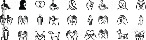 Diversity and Inclusion Icons Set - Wheelchair, Hijab, Heart Hands, Service Dog Vector . 

