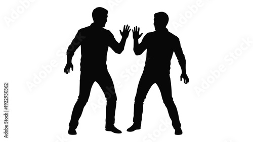 Two men silhouetted against a white background giving each other a high five