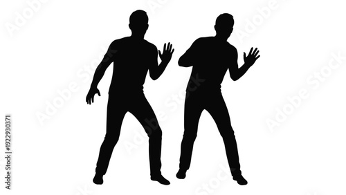 Two silhouetted figures with arms raised seemingly in a defensive or celebratory pose