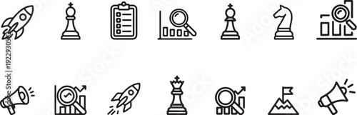 Business Strategy Icons Set - Chess Pieces, Rocket, Graph Analysis, Megaphone Vector . 

