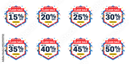Assorted black sale badges with varying discount percentages on a white background