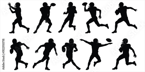 Collection of American football player silhouettes in action poses on white background Keywords: football, american football