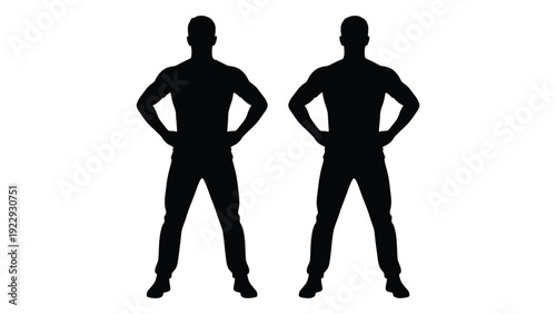 Two silhouetted men standing with hands on hips against a white background