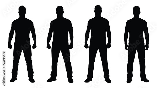 Four silhouetted figures of men standing in a row facing forward