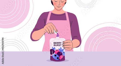 Woman making berry smoothie or yogurt, adding ingredient to pouch with berries.