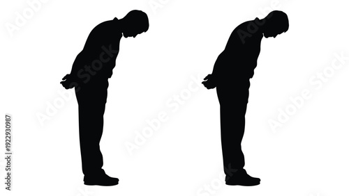 Two silhouettes of men bowing or showing respect against a white background