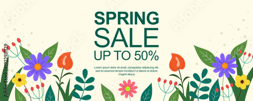 Spring Sale cover template with blossom flowers. Flat vector illustration for social media banners