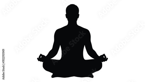 Silhouette of a person meditating in the lotus position against a white background