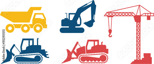 Construction Vehicles and Crane Icons in Color vector illustration