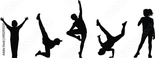 Diverse group of children silhouettes performing various dance and acrobatic poses on white background Keywords: children, kids