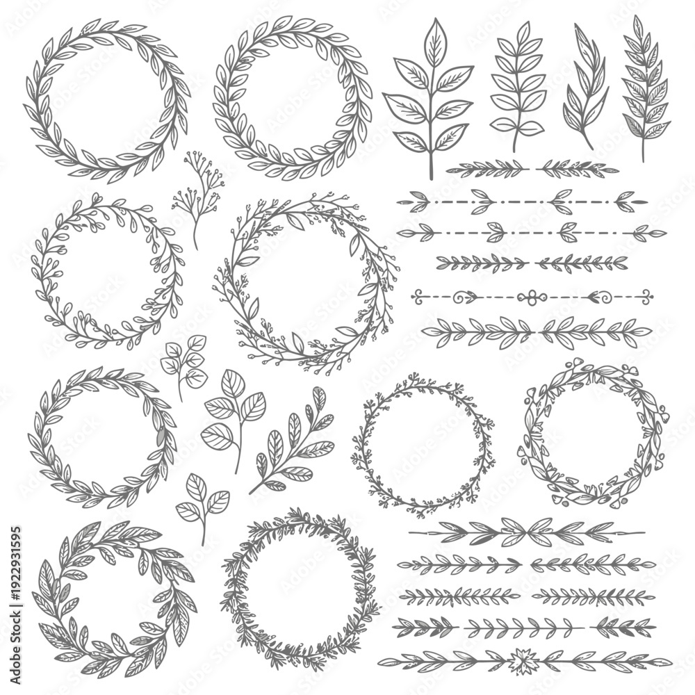 Obraz premium Collection of hand-drawn botanical wreaths, borders, and leaf design elements on an isolated white background.