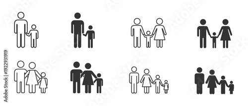 Family Group Icon Set.Parents and Kids.Line and Solid Black Silhouette