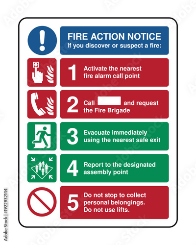 Fire Action Notice Sign – Emergency Evacuation Procedure, Activate Alarm, Call Fire Brigade, Assembly Point Instructions, Workplace Fire Safety Signage for Offices, Schools and Industrial Buildings