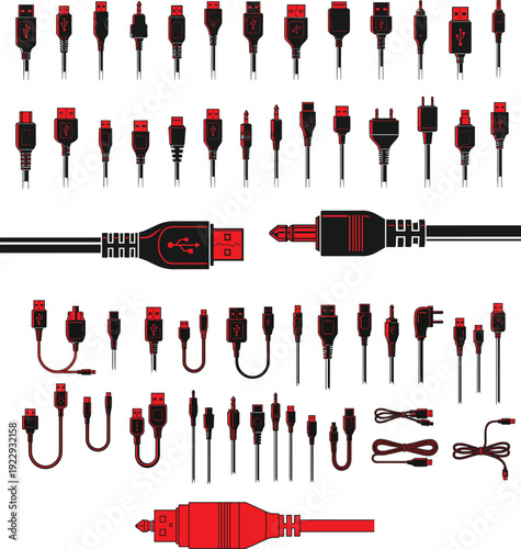 USB connectors and cables collection with USB-A, USB-B, USB-C, Mini-USB, Micro-USB, hardware compatibility illustration design