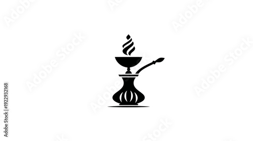 Stylized Black and White Hookah Pipe Illustration with Smoke. Traditional Shisha Smoking Device Icon for Relaxation and Culture.