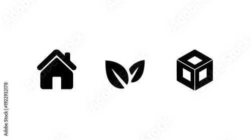 Home, Eco Leaves, and 3D Cube Black Icons Set. Simple vector symbols representing real estate, sustainability, and structure.