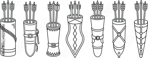 Eight Arrow Quivers with Arrows, Decorative Outline Vector Illustrations for Design