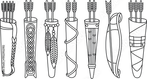 Seven Arrow Quivers with Arrows, Bohemian Style Black Outline Vector Illustrations