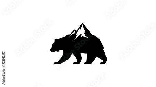 Stylized black silhouette of a bear walking with mountain peaks on its back, representing wild nature and adventure.