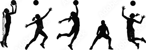 Silhouette Collection Of Female Volleyball Players In Action On White Background woman girl