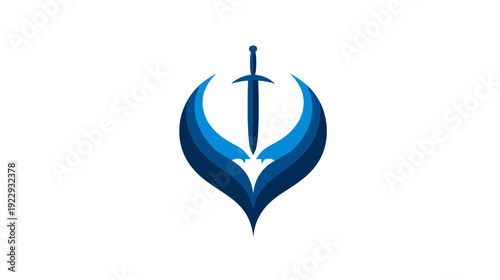 Elegant blue sword and abstract wings logo design, powerful graphic symbol, modern emblem illustration on white background
