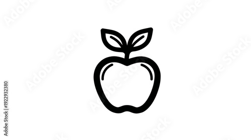 Minimalist black outline apple icon with leaves. Simple fruit symbol for healthy food, nutrition, vegan diet, and fresh produce graphics.