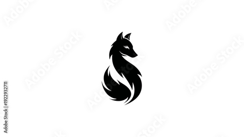 Elegant black silhouette of a stylized fox, looking right, with a long curved tail. Modern minimalist animal logo design concept on white background.