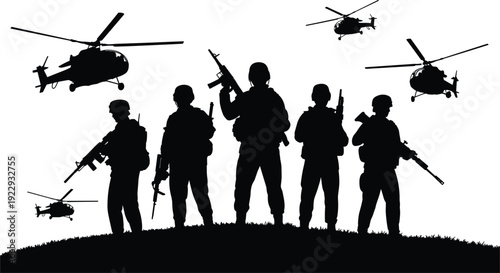 Silhouette of soldiers and helicopters on a white background military army