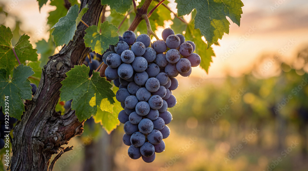 Fototapeta premium Close-up of ripe red grapes on a vine, glistening with dewdrops, bathed in warm golden hour light in a picturesque vineyard