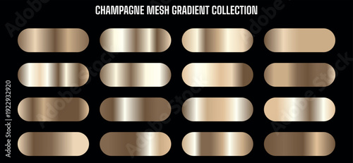 Vector champagne mesh gradient collection, metallic gold color swatches, luxury rose gold palette for UI, web, app, branding, graphic design
