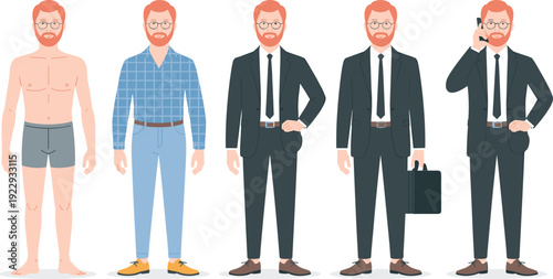 Male character transformation set from underwear to casual outfit and formal business suit, red haired man with glasses flat vector illustration collection