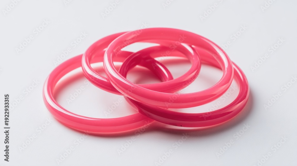 Naklejka premium Three pink plastic bangles, layered on a white surface