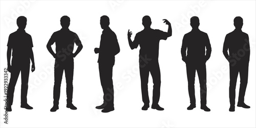 Six Male Silhouettes Standing In Different Poses Wearing Casual Attire Keywords: men, silhouette, standing, poses, casual