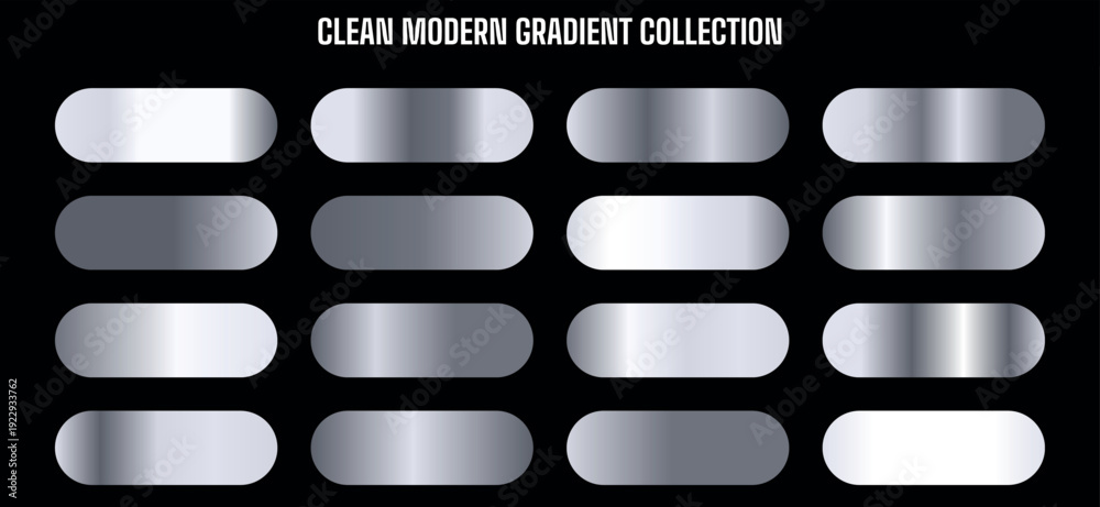 Obraz premium Vector silver metallic gradient swatches collection, chrome steel texture palette, shiny gray metal background set