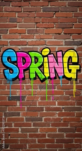 Colorful Spring Graffiti on Brick Wall.
