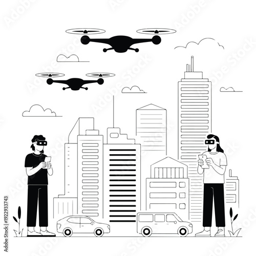 A minimalist vector illustration of two people operating drones in a cityscape
