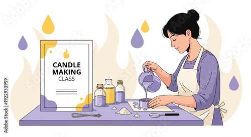 Woman learning candle making at class, pouring wax into mold, DIY hobby